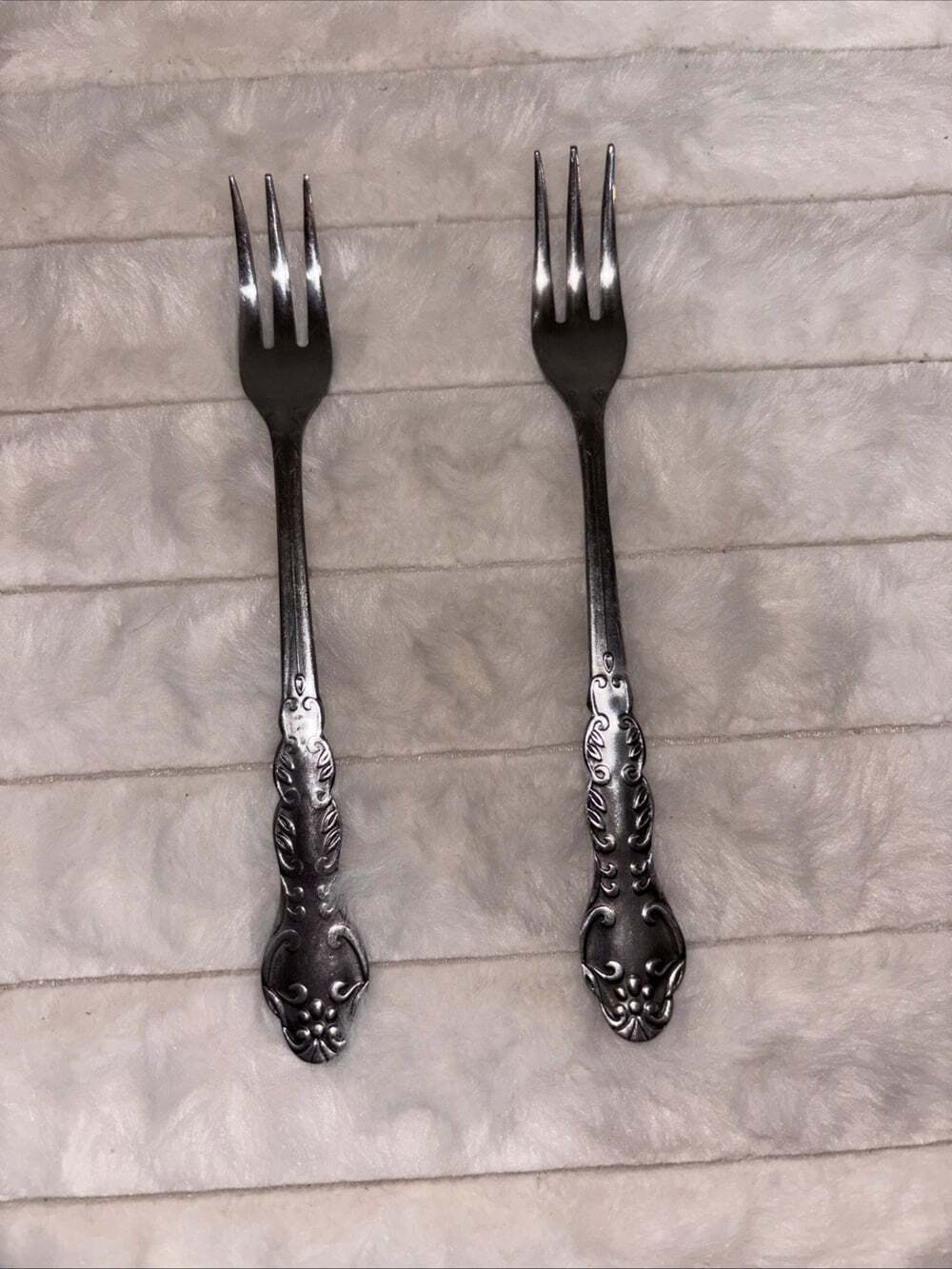 Vintage National Stainless Japan Rose Cocktail Forks Set of 2 Pastry Three Tine